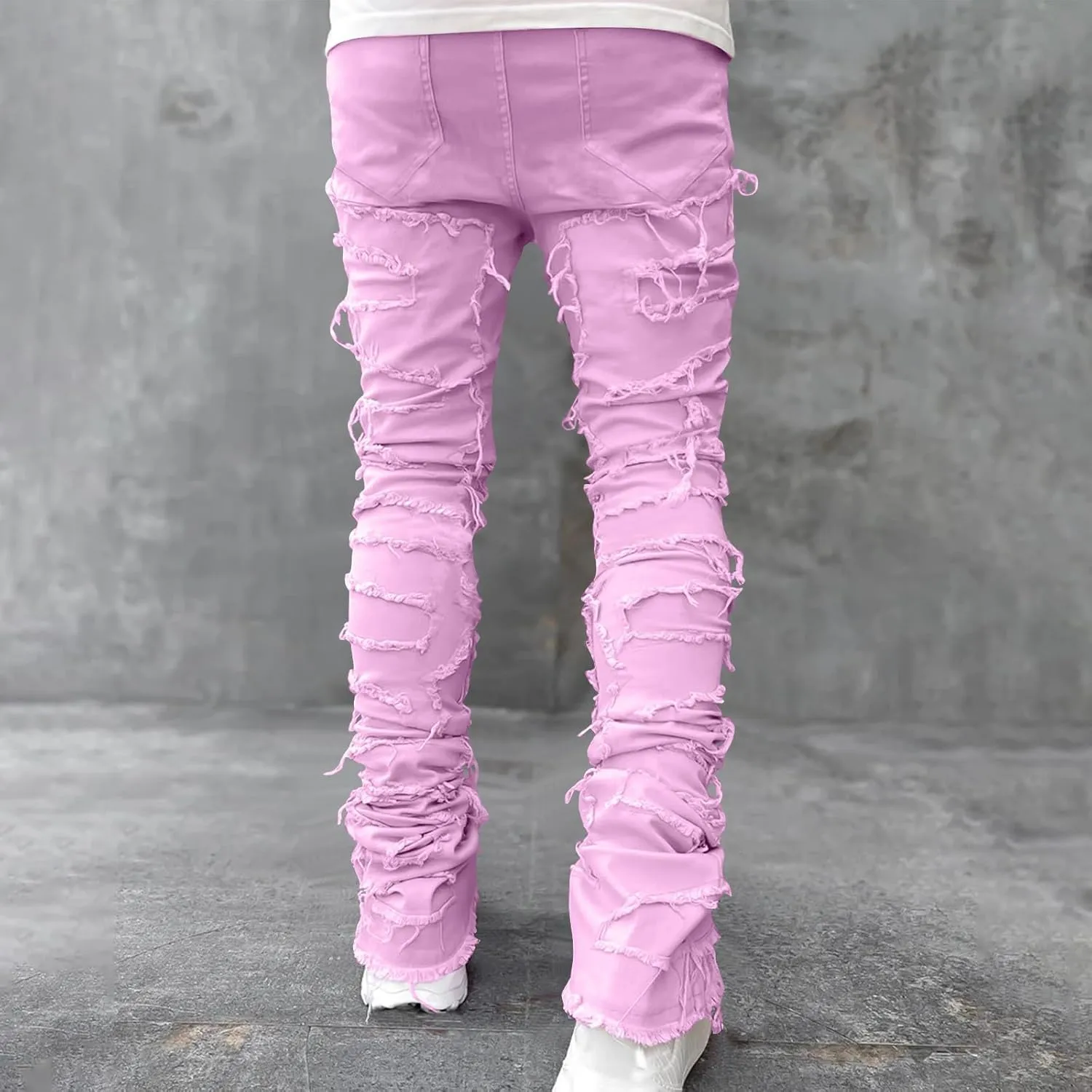 Mens Stacked Slim Fit Ripped Pants Skinny Stretch Distressed Straight Destroyed Fashion Streetwear Hip Hop Trousers