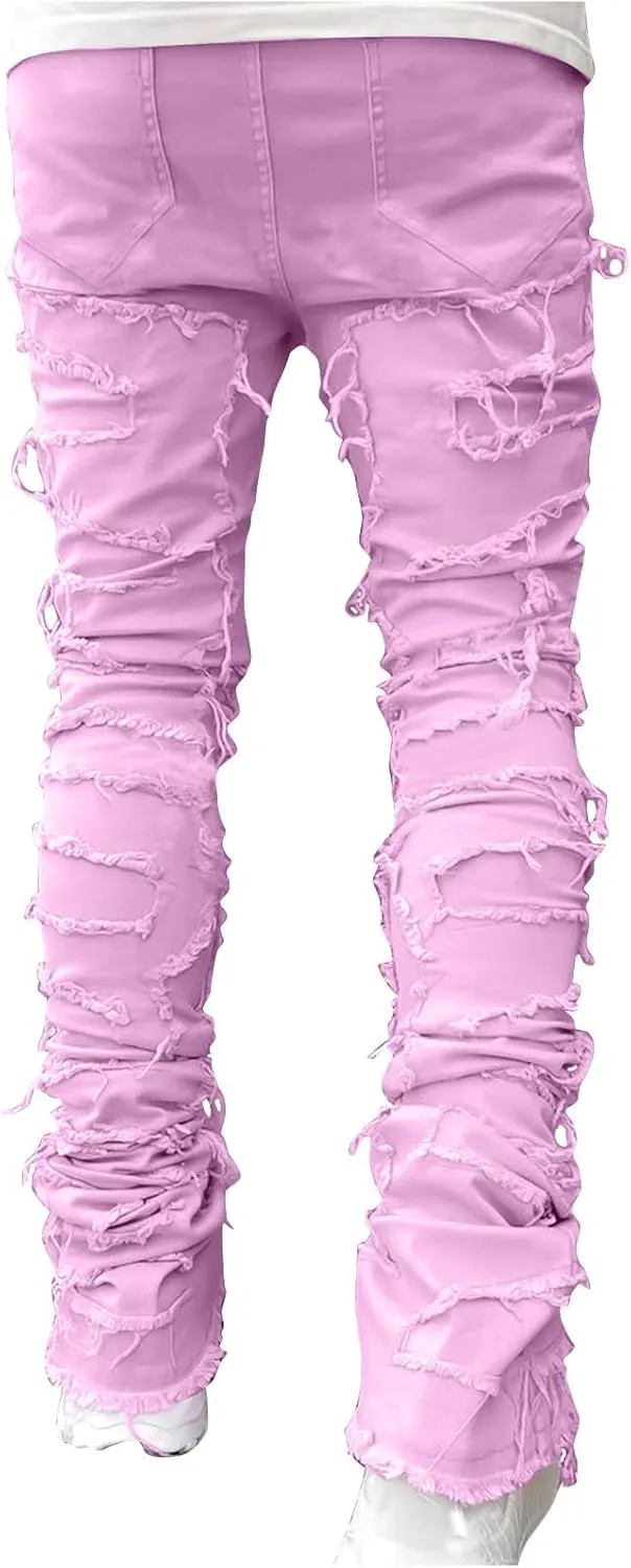 Mens Stacked Slim Fit Ripped Pants Skinny Stretch Distressed Straight Destroyed Fashion Streetwear Hip Hop Trousers