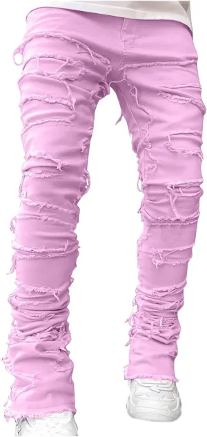 Mens Stacked Slim Fit Ripped Pants Skinny Stretch Distressed Straight Destroyed Fashion Streetwear Hip Hop Trousers