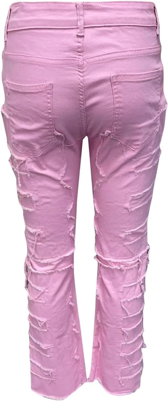 Mens Stacked Slim Fit Ripped Pants Skinny Stretch Distressed Straight Destroyed Fashion Streetwear Hip Hop Trousers