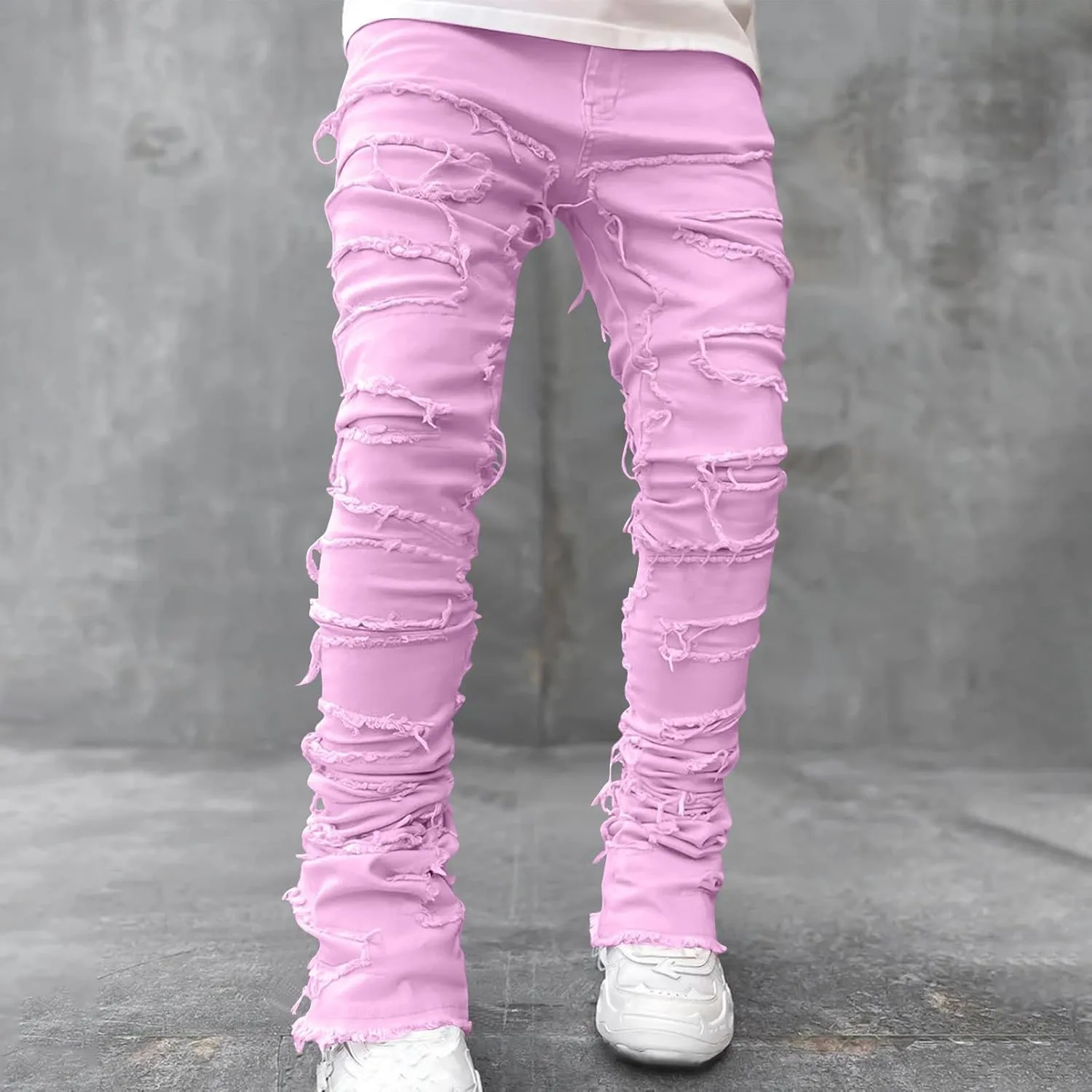 Mens Stacked Slim Fit Ripped Pants Skinny Stretch Distressed Straight Destroyed Fashion Streetwear Hip Hop Trousers
