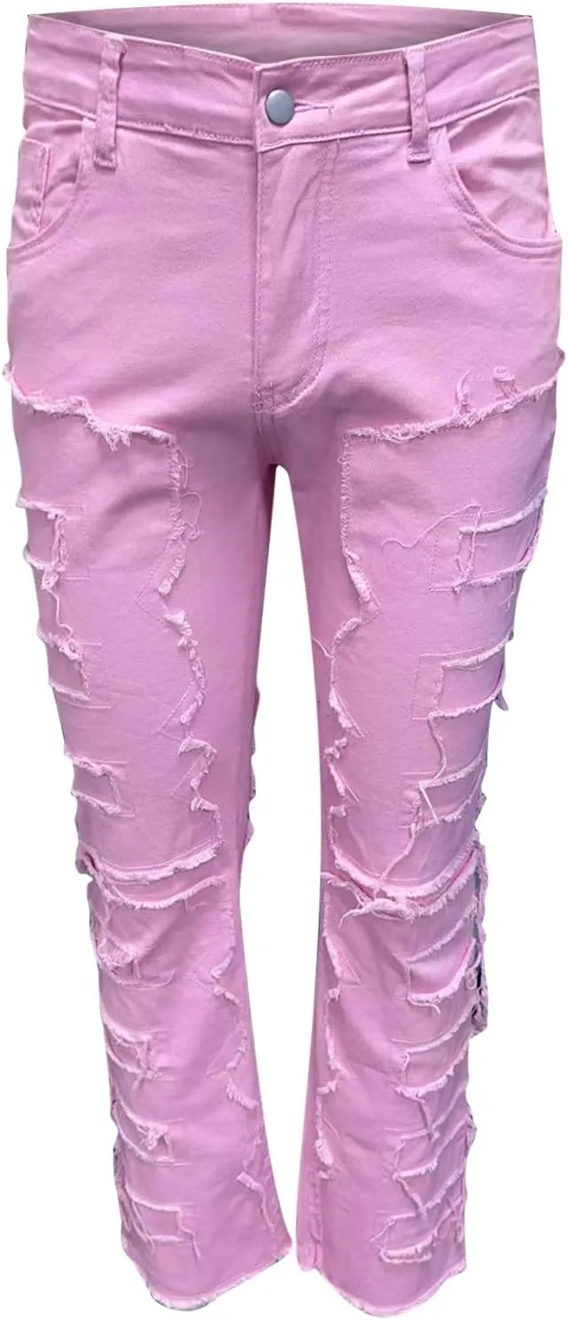 Mens Stacked Slim Fit Ripped Pants Skinny Stretch Distressed Straight Destroyed Fashion Streetwear Hip Hop Trousers