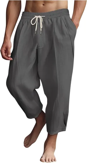 Men's Summer Beach Pants Elastic Waist Joggers Regular Fit Solid Color Pant Summer Long Trousers with Pockets