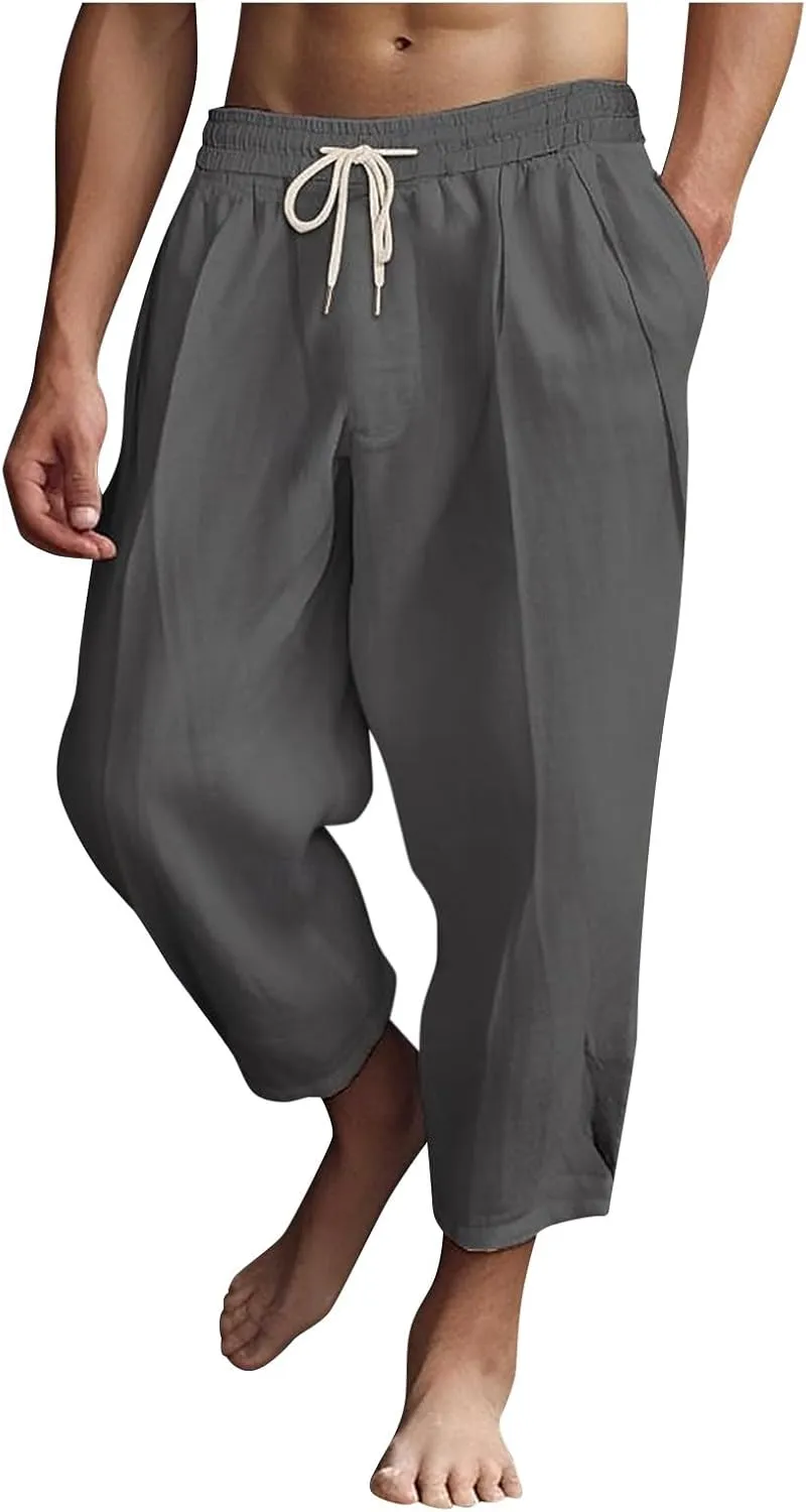 Men's Summer Beach Pants Elastic Waist Joggers Regular Fit Solid Color Pant Summer Long Trousers with Pockets