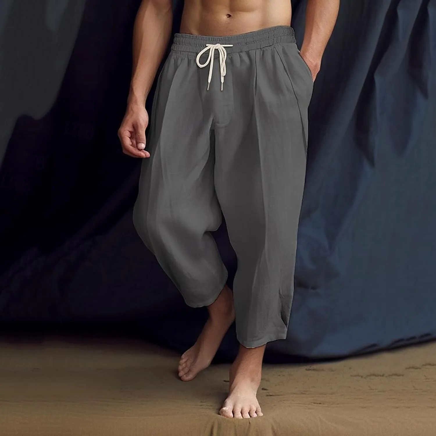 Men's Summer Beach Pants Elastic Waist Joggers Regular Fit Solid Color Pant Summer Long Trousers with Pockets