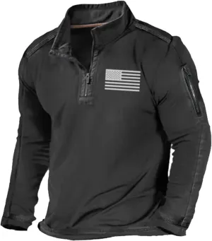 Mens Tactical Sweatshirts with No Hood Long Sleeve Stand Collar Casual 1/4 Zip American Flag Patriotic Pullover Sweater Tops