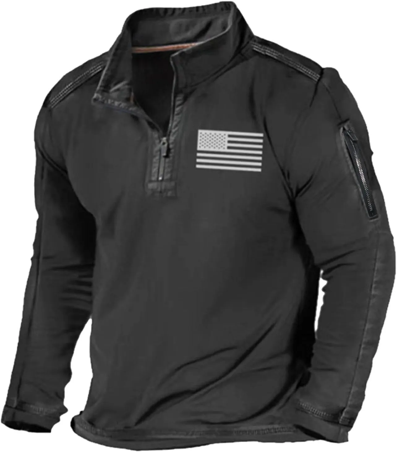 Mens Tactical Sweatshirts with No Hood Long Sleeve Stand Collar Casual 1/4 Zip American Flag Patriotic Pullover Sweater Tops
