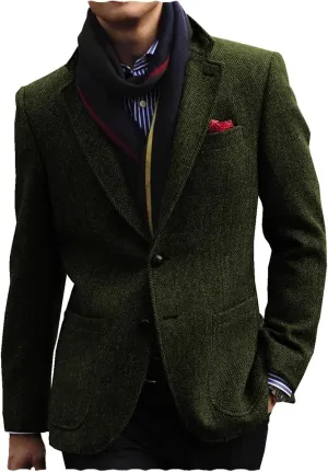 Men's Tweed Blazer Jacket Retro 2 Button Herringbone Casual Sport Coat Prom Jackets