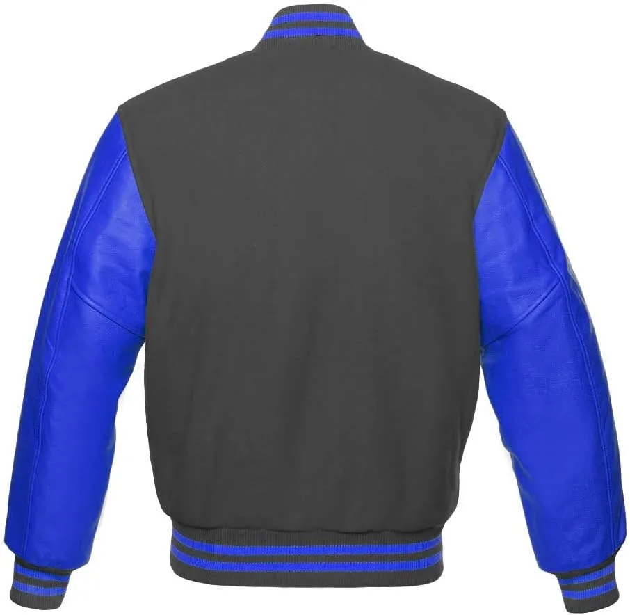 Men's Varsity Baseball Letterman Bomber Wool & Royal Blue Genuine Leather Sleeves D Logo Jacket