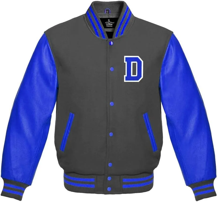 Men's Varsity Baseball Letterman Bomber Wool & Royal Blue Genuine Leather Sleeves D Logo Jacket