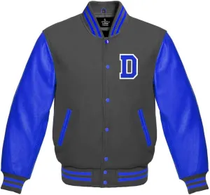 Men's Varsity Baseball Letterman Bomber Wool & Royal Blue Genuine Leather Sleeves D Logo Jacket