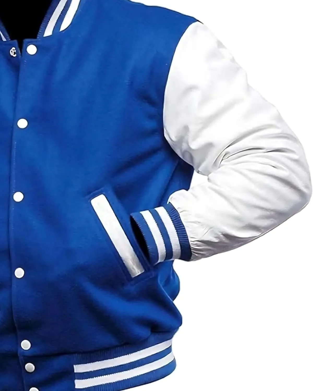 Men's Varsity Jacket Blue Real White Leather Sleeves Baseball College Bomber Letterman Jacket Lightweight