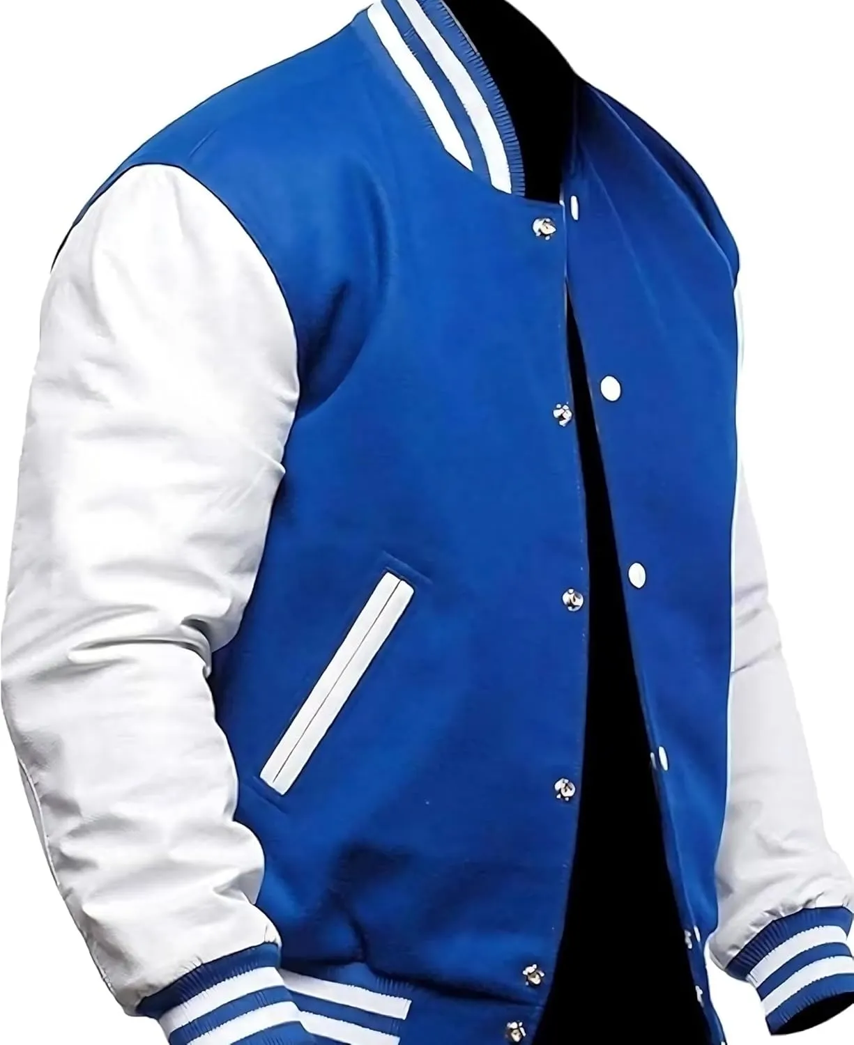 Men's Varsity Jacket Blue Real White Leather Sleeves Baseball College Bomber Letterman Jacket Lightweight