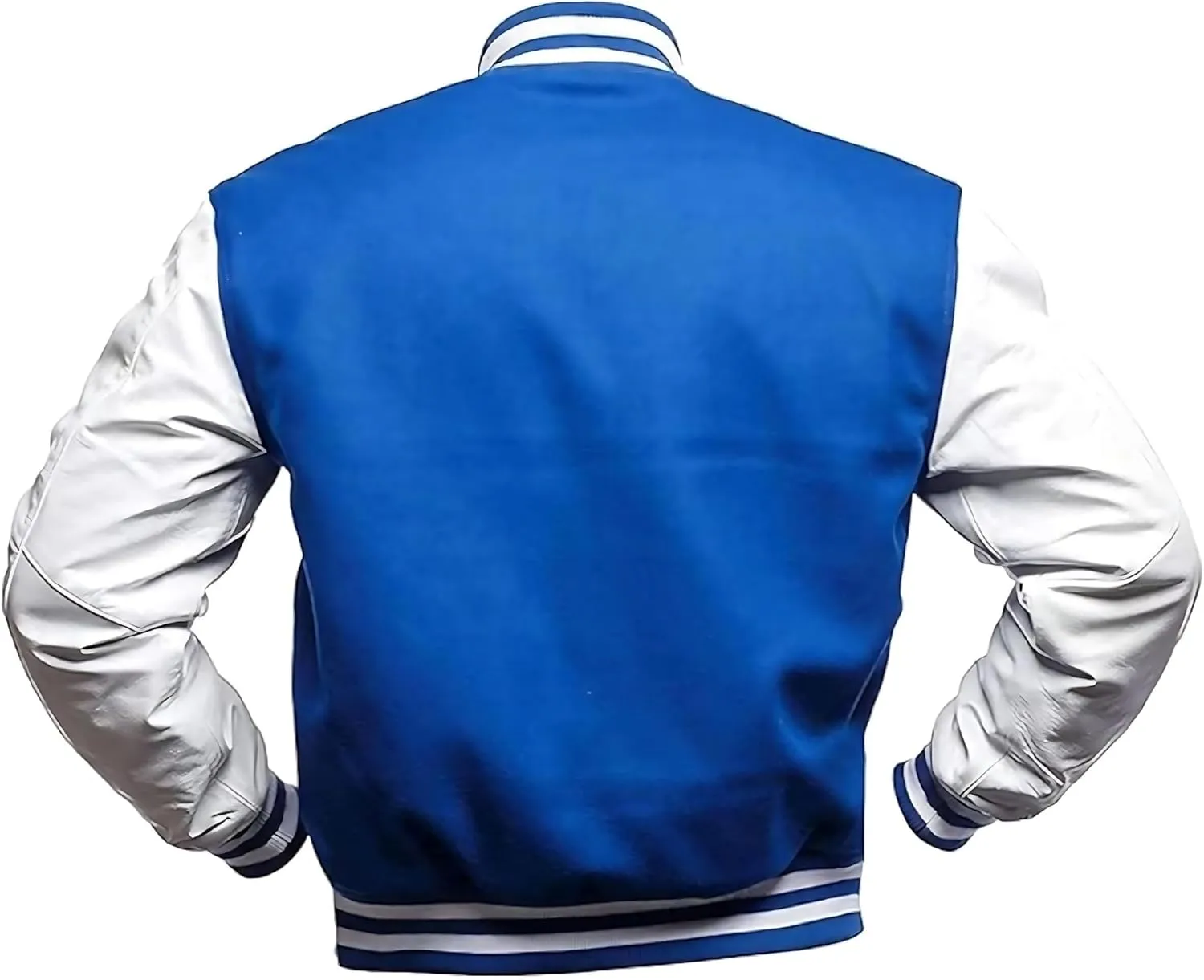 Men's Varsity Jacket Blue Real White Leather Sleeves Baseball College Bomber Letterman Jacket Lightweight
