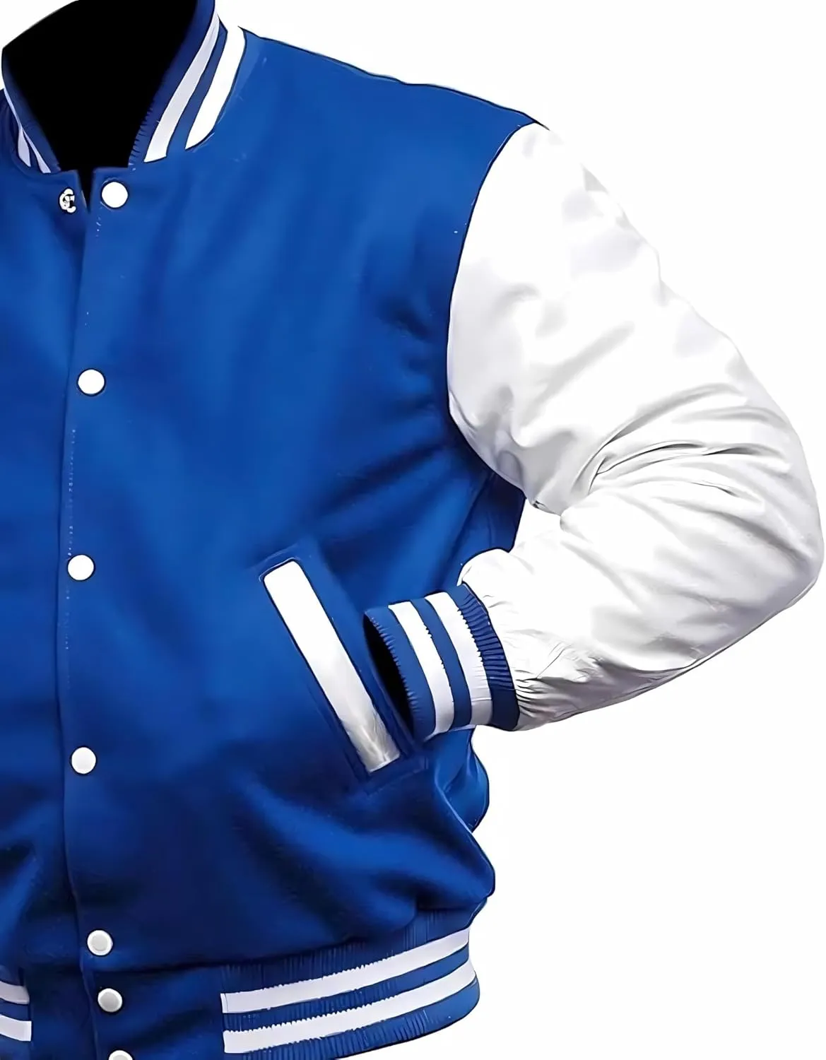 Men's Varsity Jacket Blue Real White Leather Sleeves Baseball College Bomber Letterman Jacket Lightweight