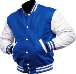 Men's Varsity Jacket Blue Real White Leather Sleeves Baseball College Bomber Letterman Jacket Lightweight