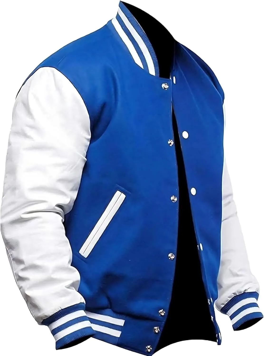 Men's Varsity Jacket Blue Real White Leather Sleeves Baseball College Bomber Letterman Jacket Lightweight
