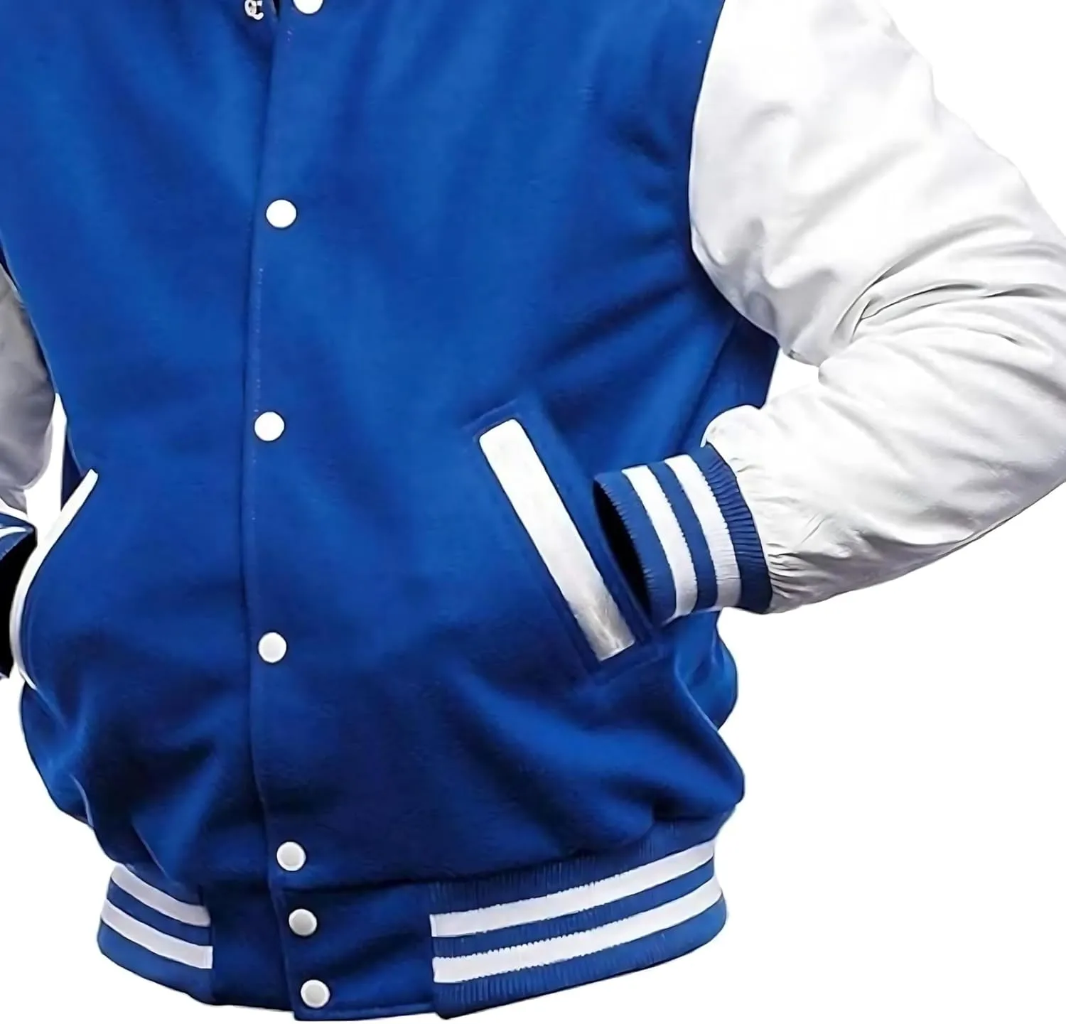 Men's Varsity Jacket Blue Real White Leather Sleeves Baseball College Bomber Letterman Jacket Lightweight
