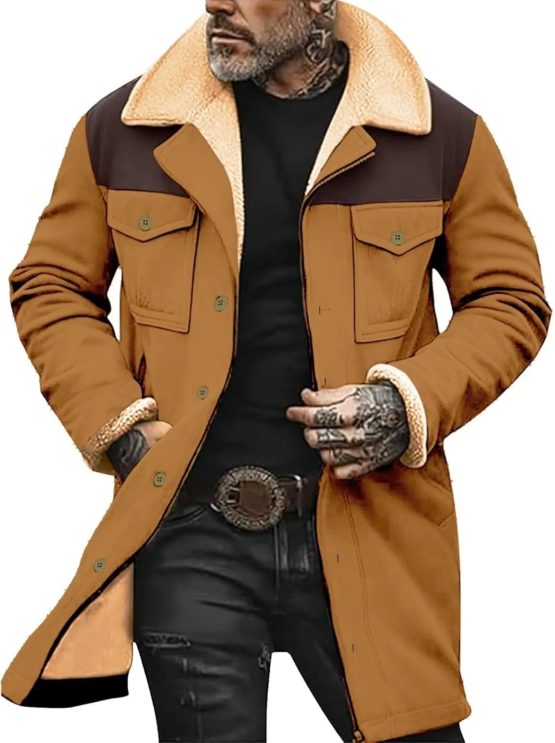 Men's Vintage Western Jackets Plush Reversed Collar Winter Jackets Button Down Long Trench Coats Punk Jackets Big&Tall