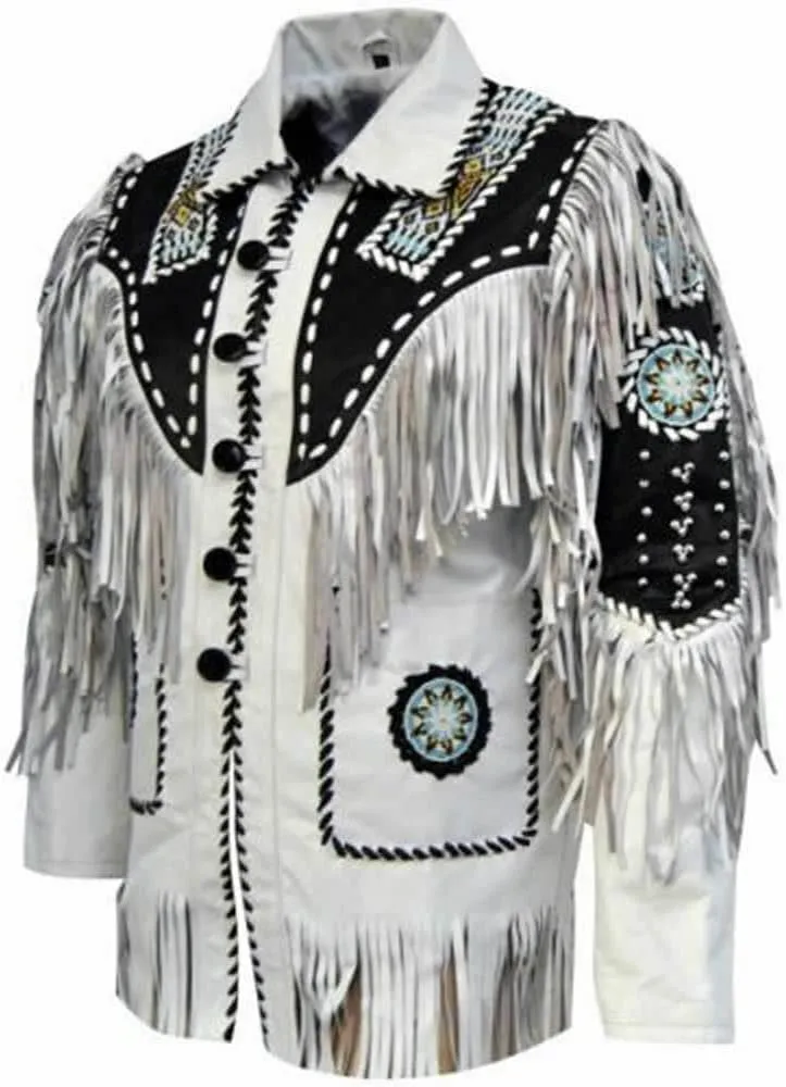 Men's Western Genuine Cowhide Leather Jacket| Traditional Native American Real Cowhide Cowboy Coat with Fringe