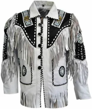 Men's Western Genuine Cowhide Leather Jacket| Traditional Native American Real Cowhide Cowboy Coat with Fringe