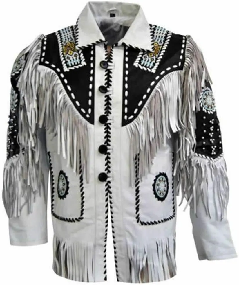 Men's Western Genuine Cowhide Leather Jacket| Traditional Native American Real Cowhide Cowboy Coat with Fringe