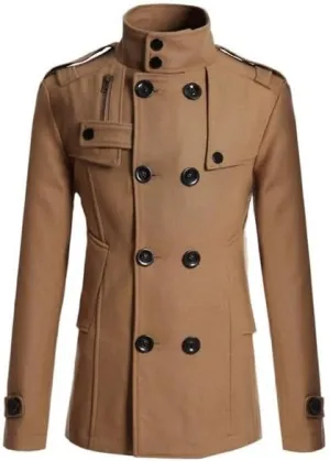 Men's Winter Double Breasted Notch Lapel Trench Coat Stand Collar Pea Coats with Pockets