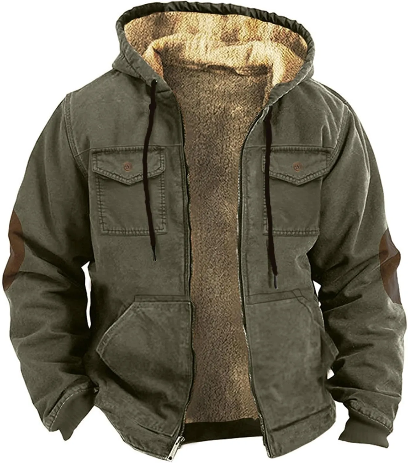 Men's Winter Fleece Lined Jacket Casual Cotton Military Cargo Jackets Thicken Warm Hooded Parka Outwear with Pockets