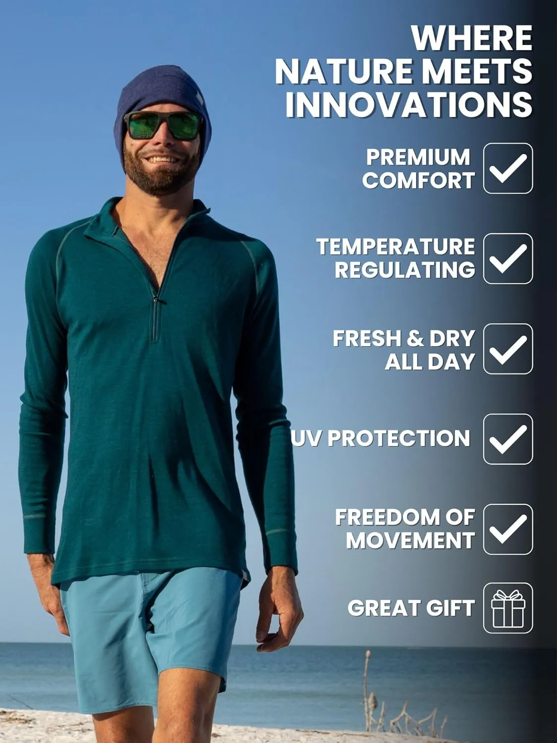 Merino Wool Base Layer Mens - Wool Half Zip Sweater Men - Merino Quarter Zip Sweater Lite, Midweight, Heavyweight and Socks
