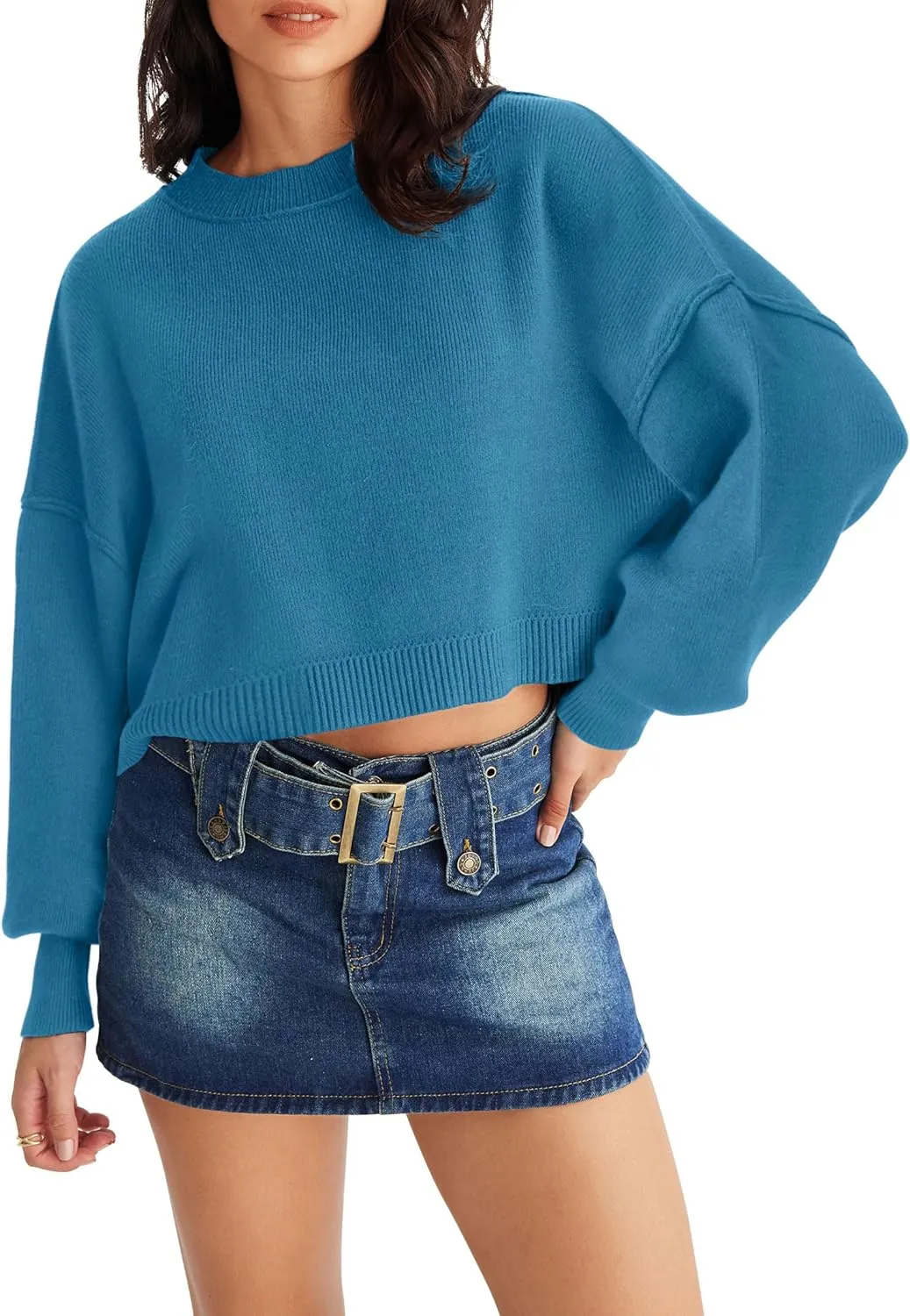 MEROKEETY Women's 2025 Crewneck Cropped Sweater Fall Batwing Sleeve Oversized Side Slit Ribbed Knit Pullover Jumper Tops