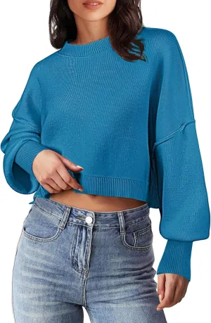 MEROKEETY Women's 2025 Crewneck Cropped Sweater Fall Batwing Sleeve Oversized Side Slit Ribbed Knit Pullover Jumper Tops