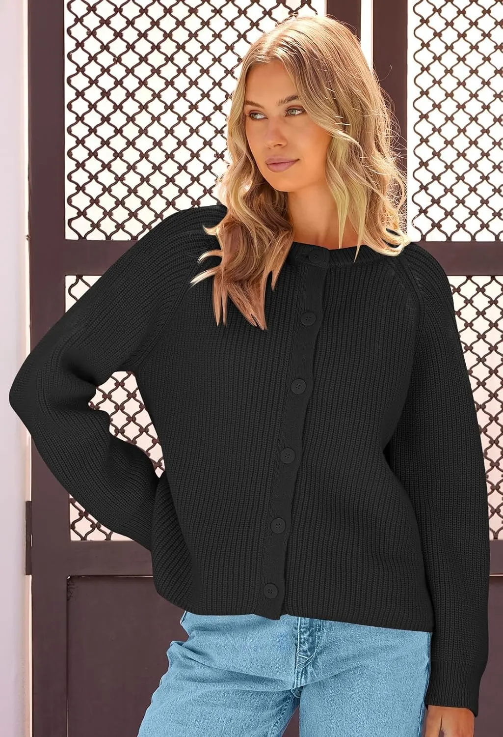 MEROKEETY Women's 2025 Long Sleeve Cardigan Sweater Crew Neck Button Ribbed Open Front Knit Outerwear
