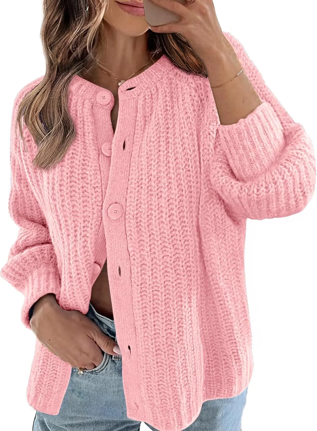 MEROKEETY Women's 2025 Long Sleeve Cardigan Sweater Crew Neck Button Ribbed Open Front Knit Outerwear