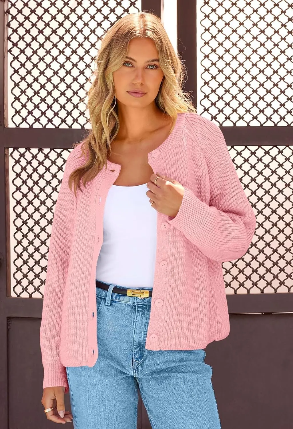 MEROKEETY Women's 2025 Long Sleeve Cardigan Sweater Crew Neck Button Ribbed Open Front Knit Outerwear