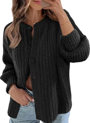 MEROKEETY Women's 2025 Long Sleeve Cardigan Sweater Crew Neck Button Ribbed Open Front Knit Outerwear