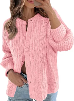 MEROKEETY Women's 2025 Long Sleeve Cardigan Sweater Crew Neck Button Ribbed Open Front Knit Outerwear