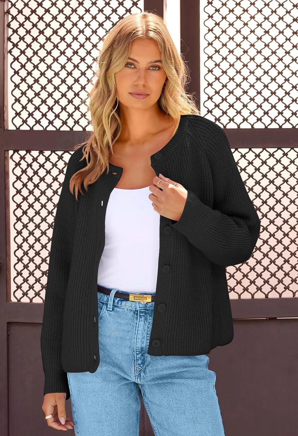 MEROKEETY Women's 2025 Long Sleeve Cardigan Sweater Crew Neck Button Ribbed Open Front Knit Outerwear