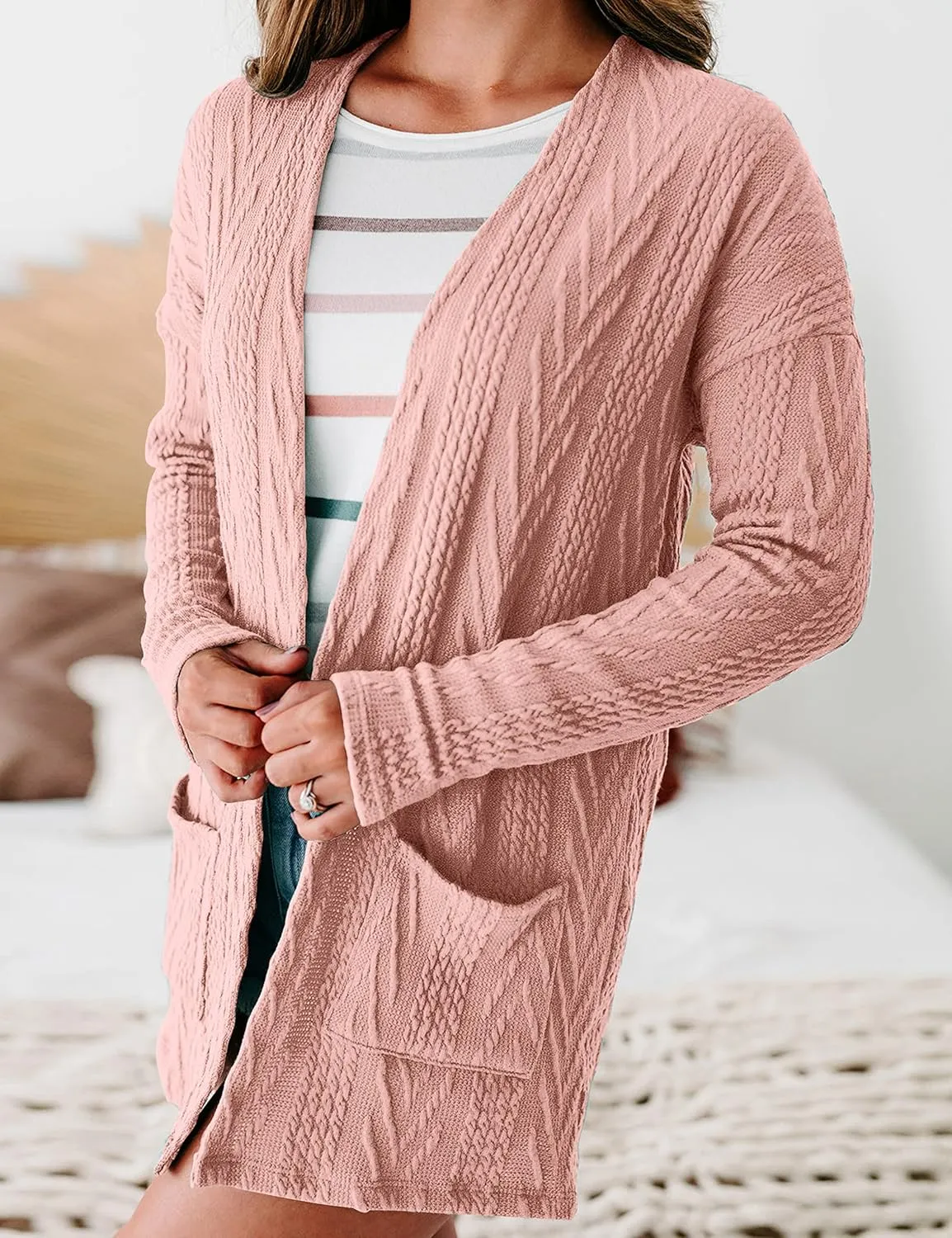 MEROKEETY Women's Casual Long Sleeve Open Front Cable Knit Cardigans Lightweight Solid Color with Pockets