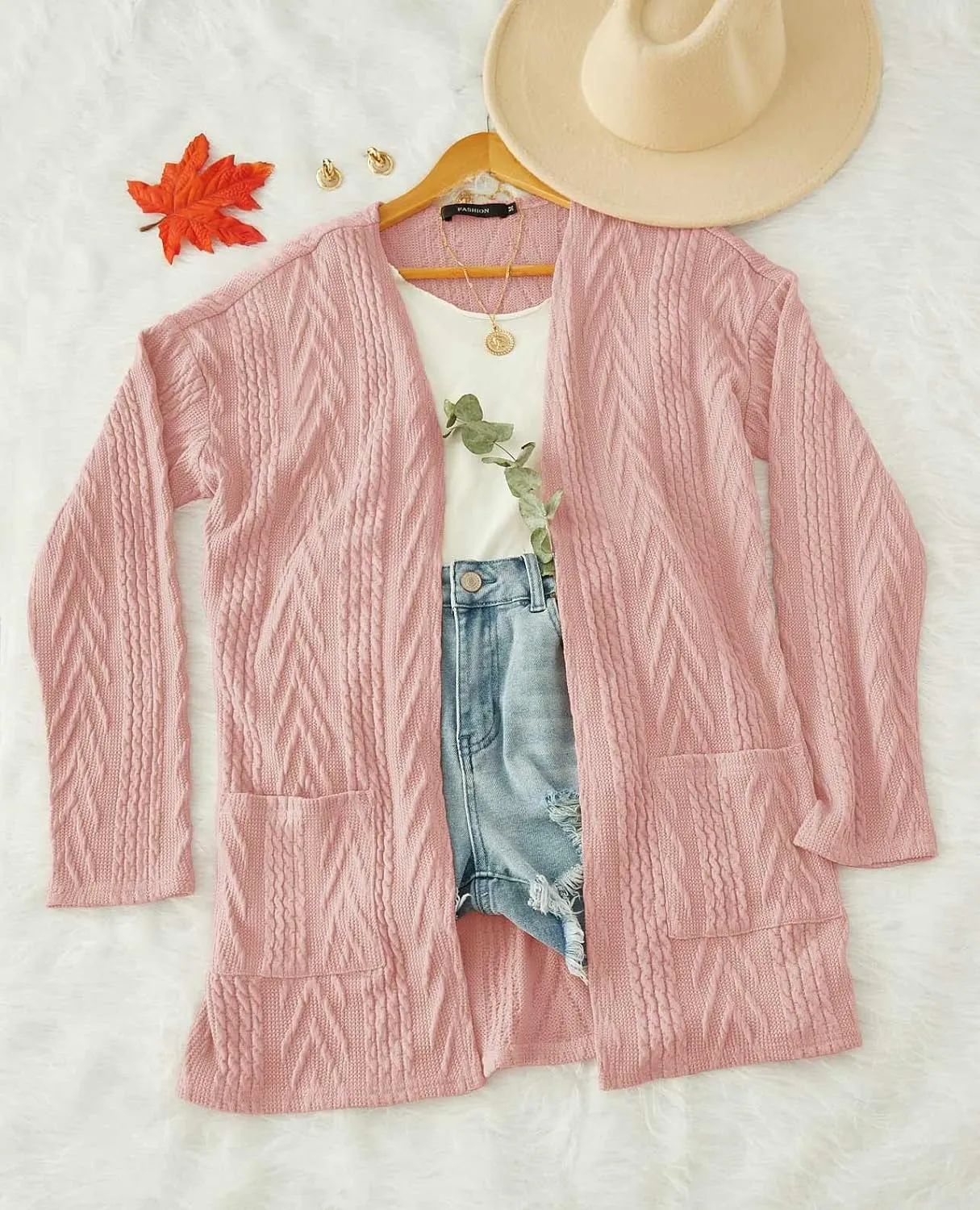 MEROKEETY Women's Casual Long Sleeve Open Front Cable Knit Cardigans Lightweight Solid Color with Pockets