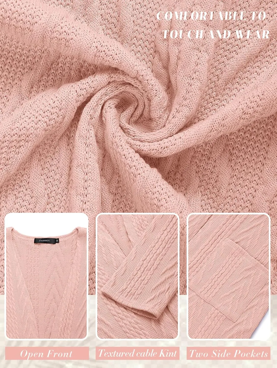MEROKEETY Women's Casual Long Sleeve Open Front Cable Knit Cardigans Lightweight Solid Color with Pockets