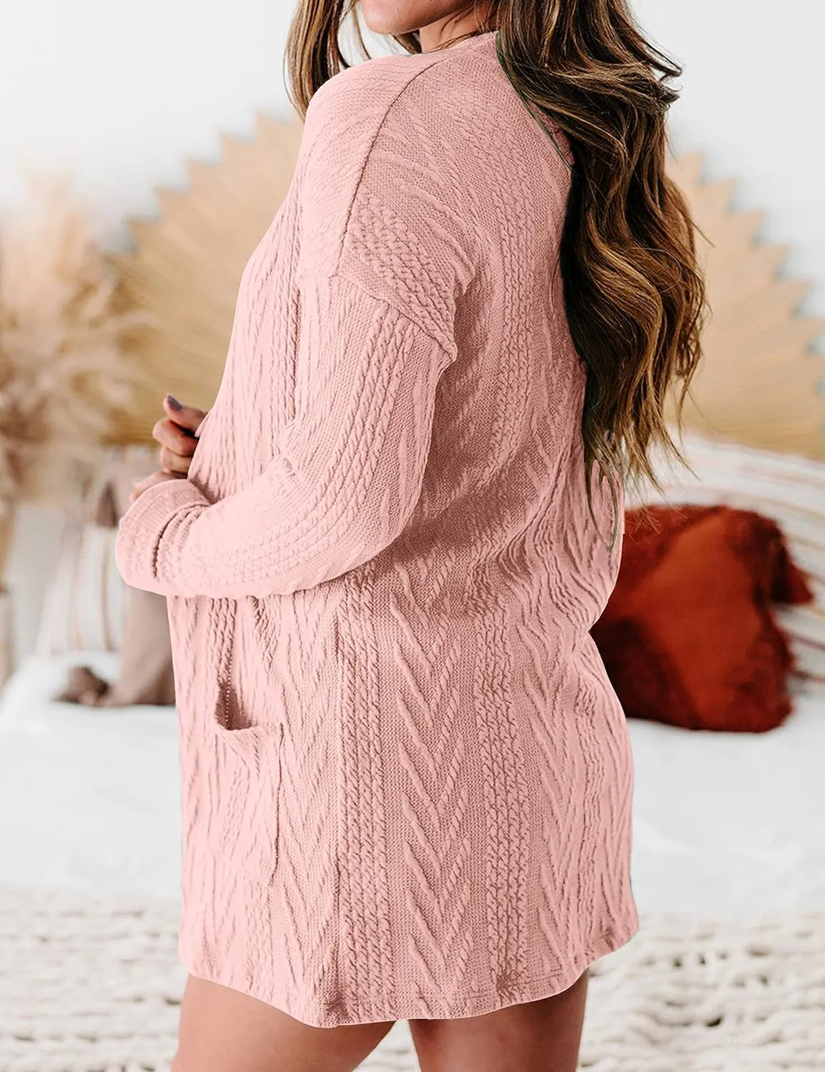 MEROKEETY Women's Casual Long Sleeve Open Front Cable Knit Cardigans Lightweight Solid Color with Pockets