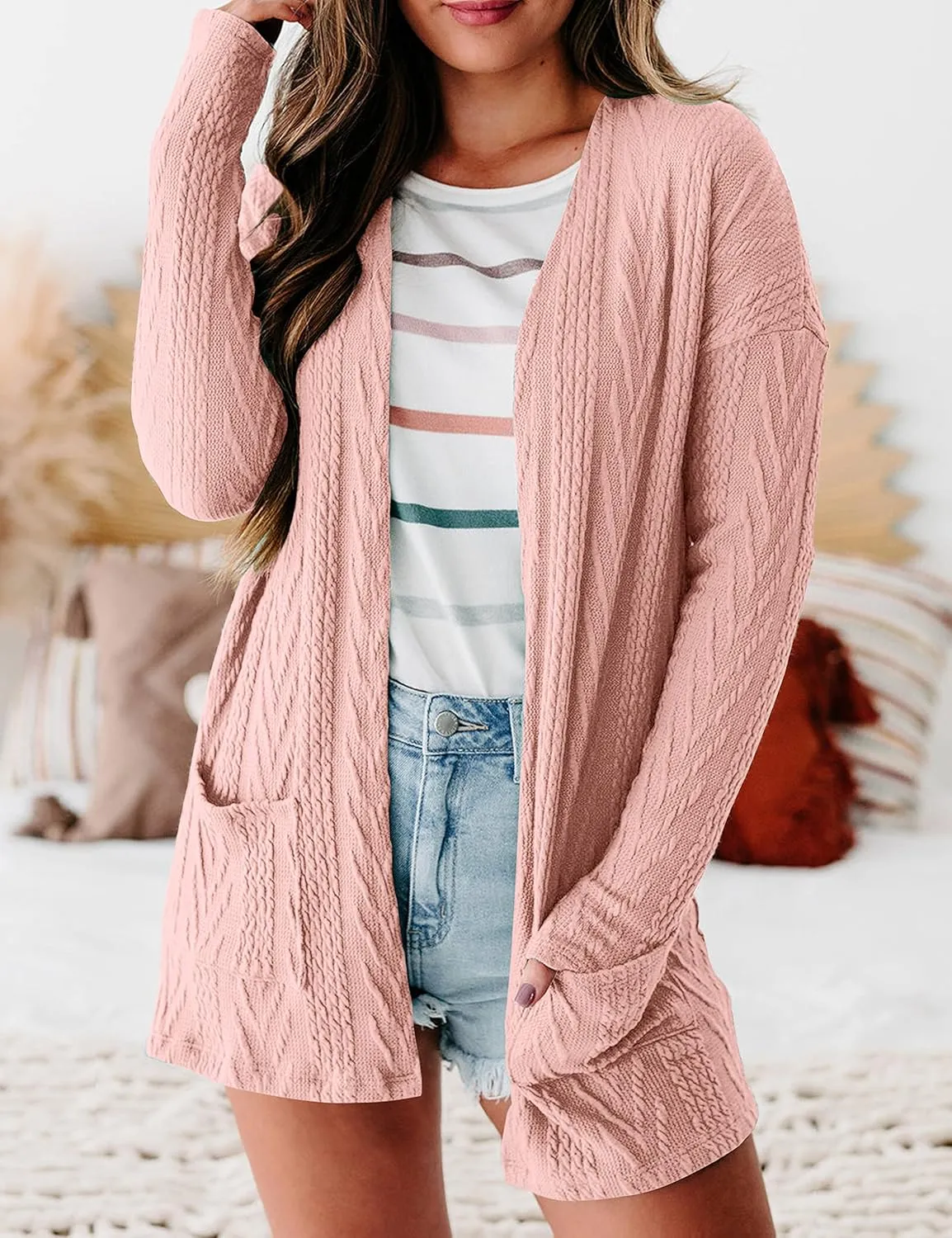 MEROKEETY Women's Casual Long Sleeve Open Front Cable Knit Cardigans Lightweight Solid Color with Pockets