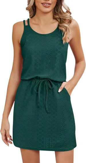 midelxp Summer Sundresses for Women Hollow Out Swimsuit Cover Up Beach Dresses Spaghetti Strap Lace Up Jacquard Tank Dress