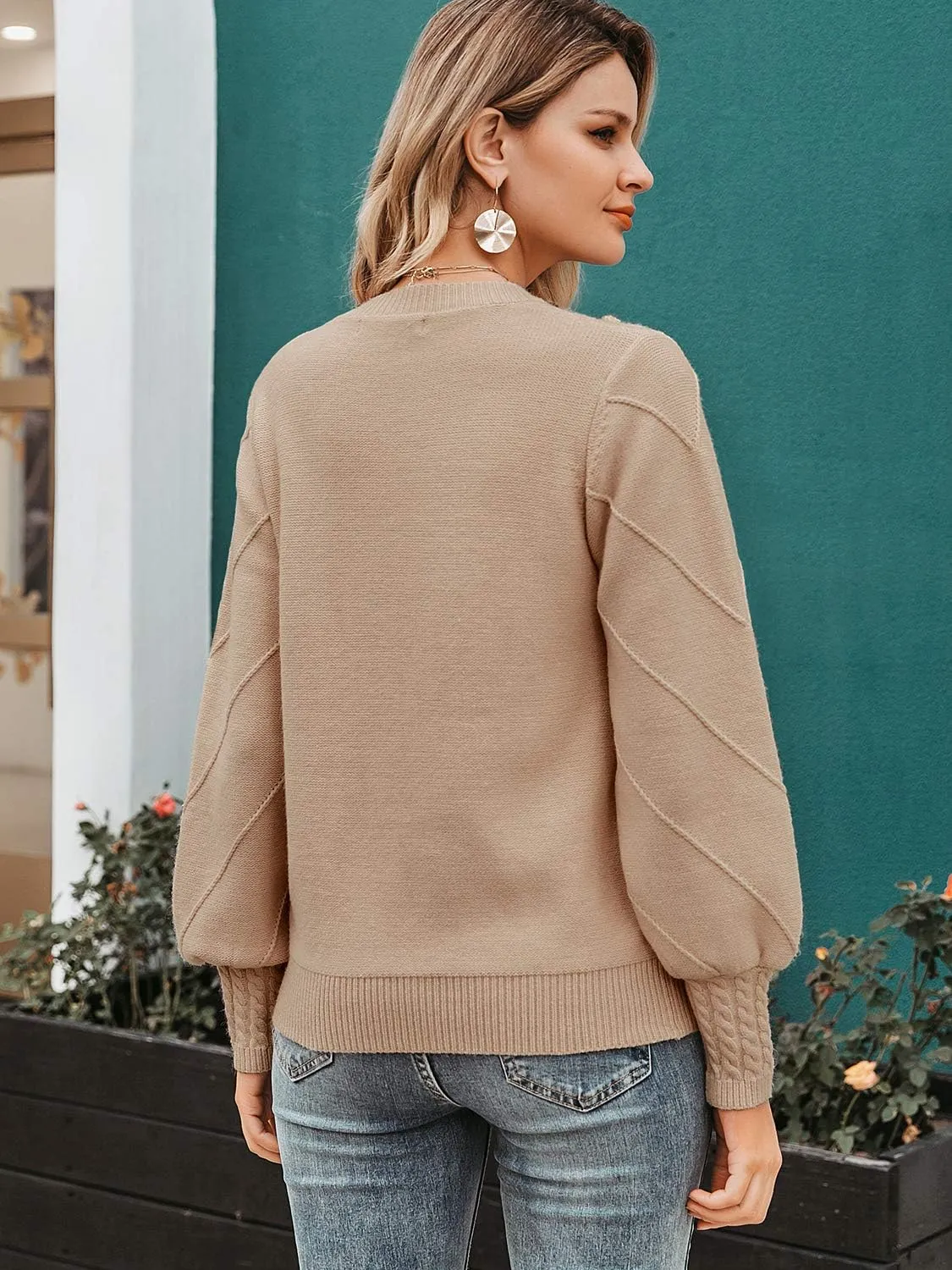 Miessial Women's Fall Crew Neck Pullover Sweater Cute Long Puff Sleeve Chunky Knit Sweater Pompom Jumper Top