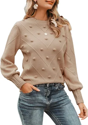 Miessial Women's Fall Crew Neck Pullover Sweater Cute Long Puff Sleeve Chunky Knit Sweater Pompom Jumper Top