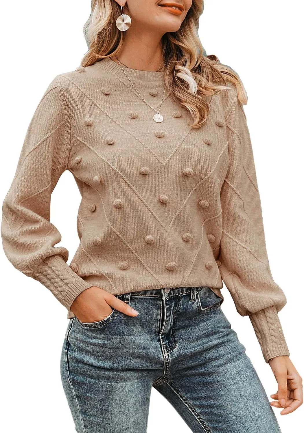 Miessial Women's Fall Crew Neck Pullover Sweater Cute Long Puff Sleeve Chunky Knit Sweater Pompom Jumper Top