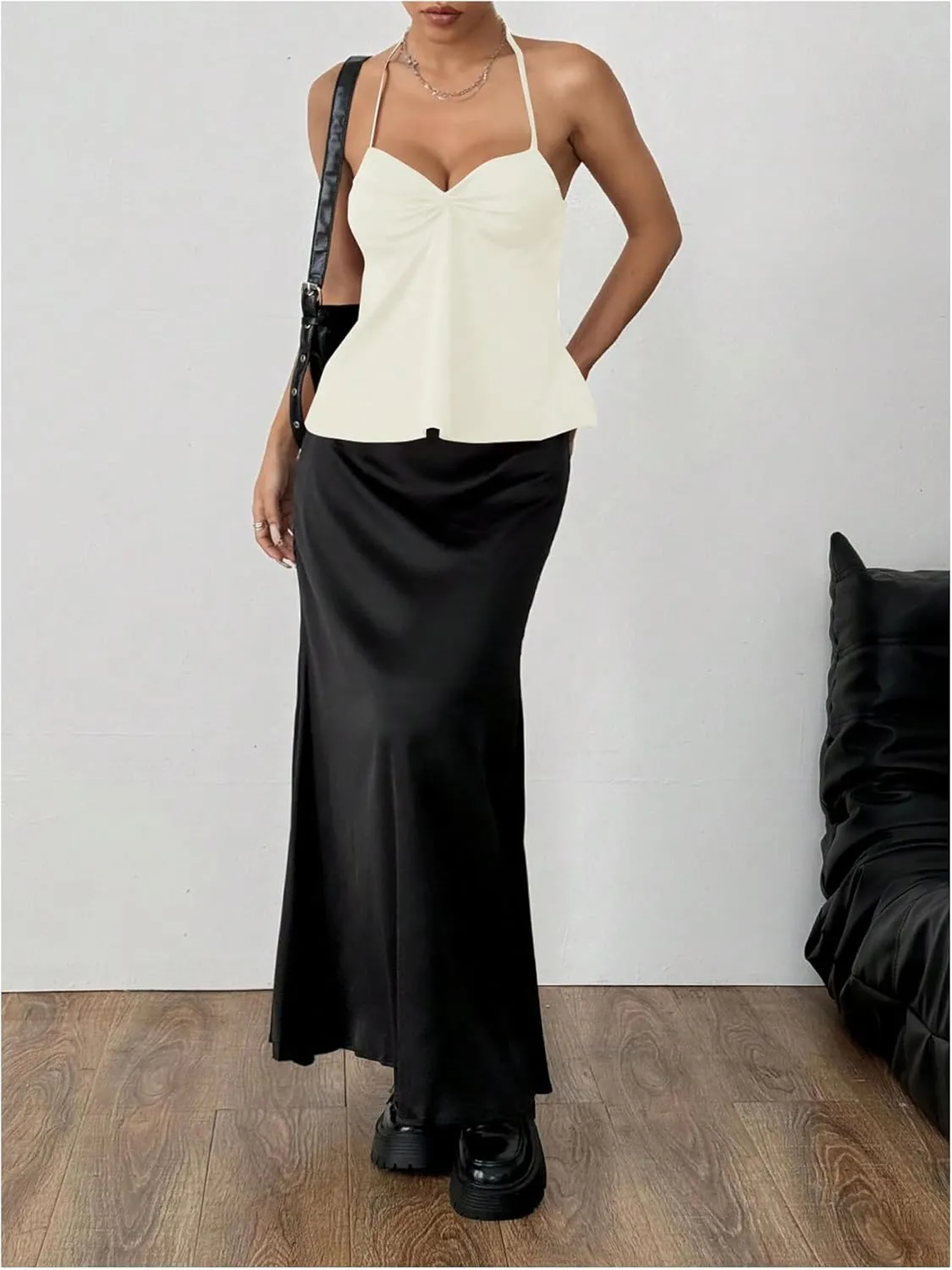 Milumia Women Twist Front Backless Halter Top Spaghetti Strap Peplum Camisoles