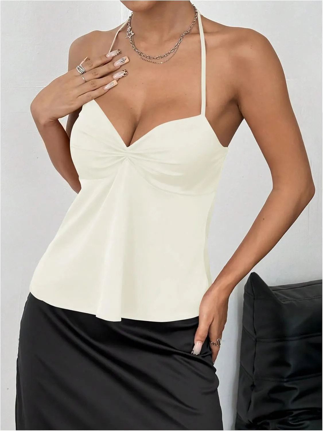 Milumia Women Twist Front Backless Halter Top Spaghetti Strap Peplum Camisoles