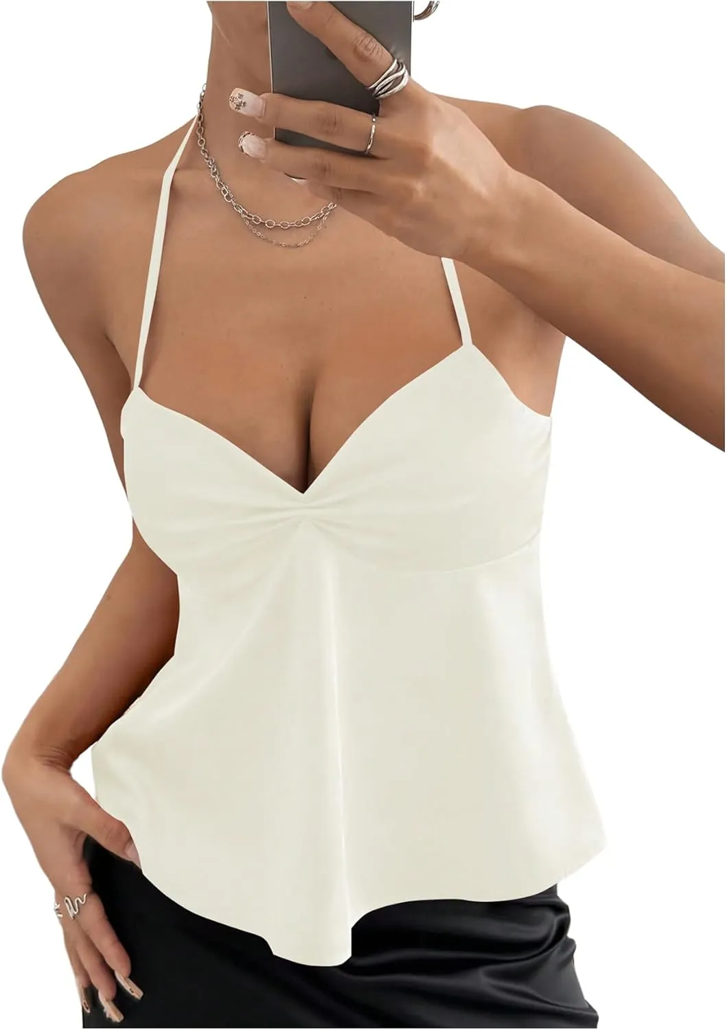 Milumia Women Twist Front Backless Halter Top Spaghetti Strap Peplum Camisoles