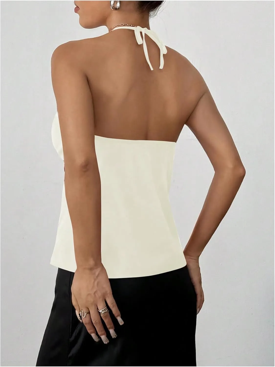 Milumia Women Twist Front Backless Halter Top Spaghetti Strap Peplum Camisoles